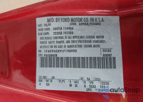 2001 Ford Mustang Gt z USA, uszkodzony, nr VIN 1FAFP45X91F198990